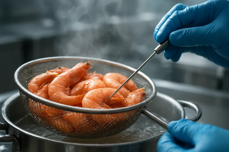 加熱済みエビの芯温を金属プローブで測定する青い手袋をはめた技術者のクローズアップ、蒸気の立つステンレス製ケトルの上で。