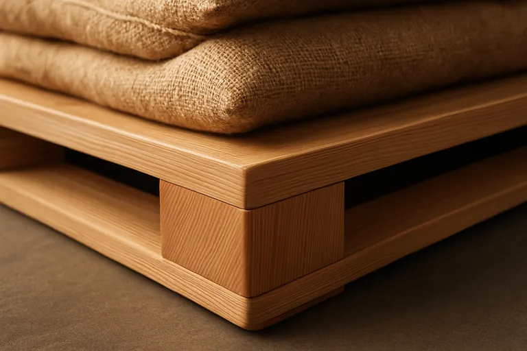 Close-up of a clean, bark-free wooden pallet edge under stacked burlap coffee sacks, showing no bore holes or damage.