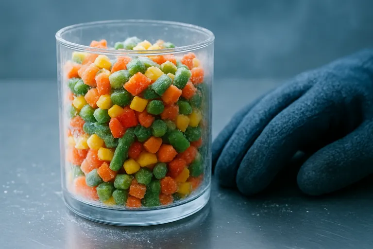 Close-up of a clear, unmarked glass container on a stainless steel bench holding a hand-mixed sample of evenly cut frozen carrots, corn, peas, green beans, and bell pepper dice; the contents show slight layering, with frost and cold vapor suggesting recent shaking to test segregation.