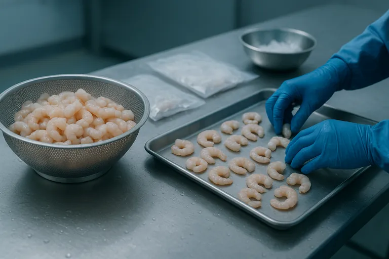 Close-up of a count check: thawed peeled shrimp draining in a mesh colander beside a stainless tray where blue-gloved hands arrange pieces into neat rows for counting on a cold inspection table.