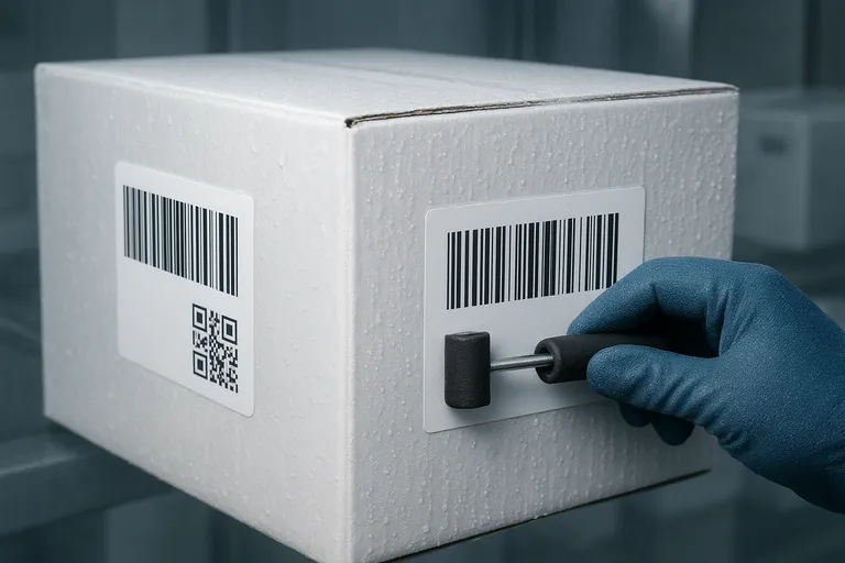 Close-up of a frozen seafood master carton showing labels on two adjacent sides with linear and 2D barcodes, condensation on the box, and a gloved hand pressing a label flat.