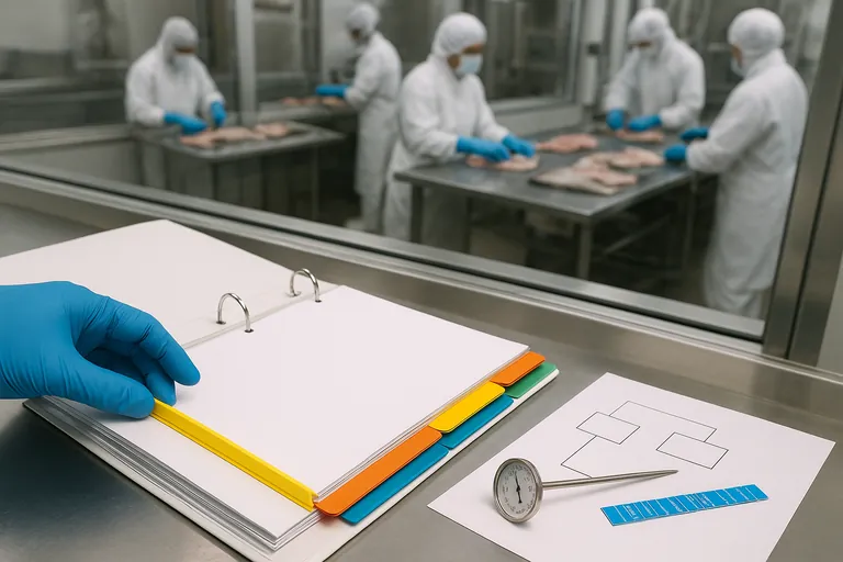 Close-up of a gloved hand arranging a tabbed binder on a stainless desk with a diagram page, thermometer, and sanitizer test strips; processing room with fish cutters visible through the window.