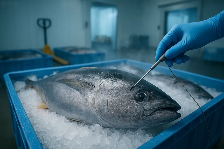 Close-up of a gloved hand checking the core temperature of a yellowfin tuna on flake ice at a receiving station.