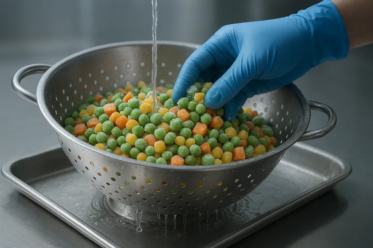 Close-up of a gloved hand gently stirring frozen peas, corn, and diced carrots in a tilted stainless colander under a steady rinse, with melting ice crystals and water draining into a tray.