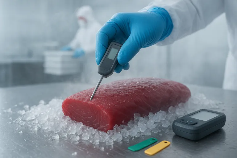 Close-up of a gloved hand inserting a probe thermometer into a tuna fillet on crushed ice, illustrating HACCP monitoring in action.