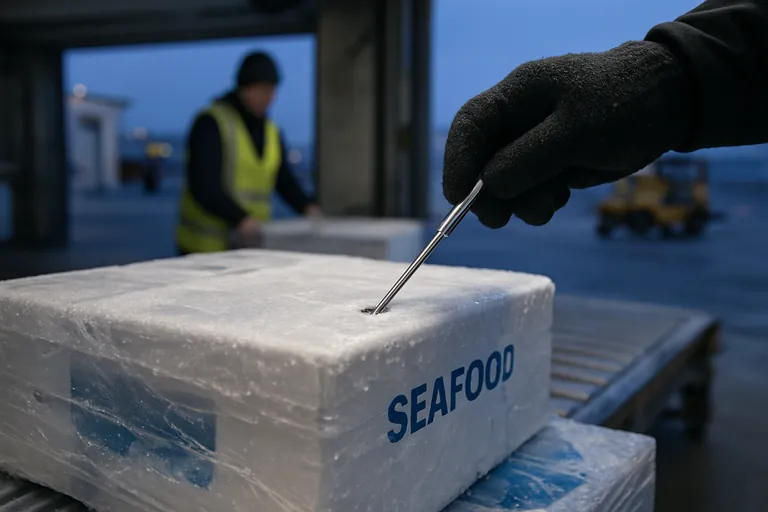 Close-up of a gloved hand inserting a temperature probe into a seafood carton on a shrink-wrapped pallet during airport cargo acceptance, with frost and gel ice visible.