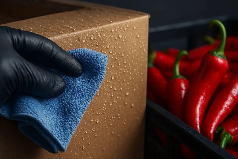 Close-up of a gloved hand wiping condensation from the side of a chilli produce carton with a damp cloth, with red cayenne peppers visible in an adjacent crate.