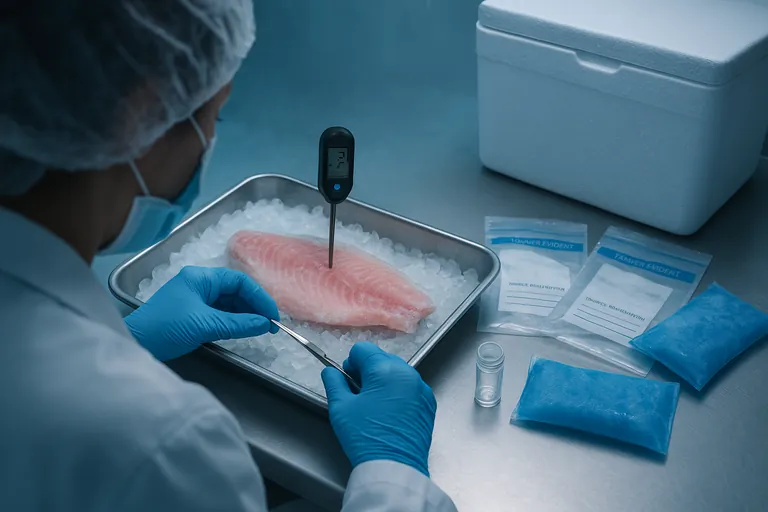 Close-up of a gloved inspector cutting a sample from a frozen fish fillet on ice in a chilled inspection room.