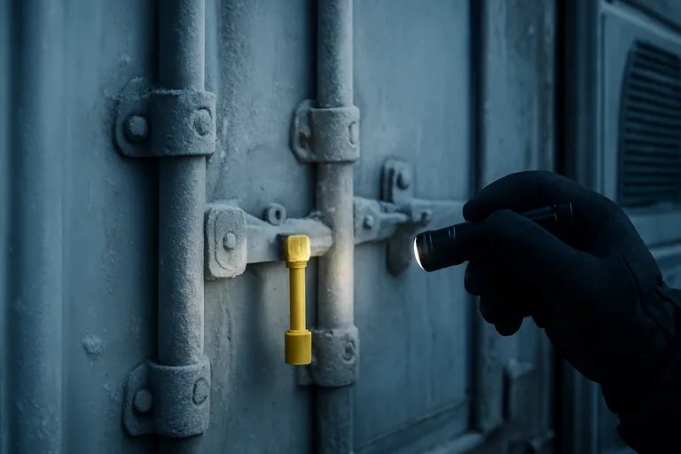 Close-up of a gloved inspector illuminating the bolt seal on the doors of a refrigerated shipping container, frost visible on the hardware.