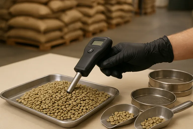 Close-up of a gloved inspector measuring moisture in green coffee beans on a metal tray at a warehouse QC station, with metal sieves and a scoop nearby and palletized sacks softly blurred in the background.