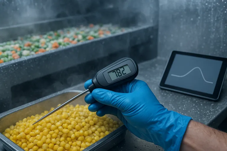 Close-up of a gloved technician inserting a digital probe into blanched sweet corn while an IQF belt carries mixed vegetables behind; a tablet nearby shows a simple temperature curve and frost hangs in the cool air.