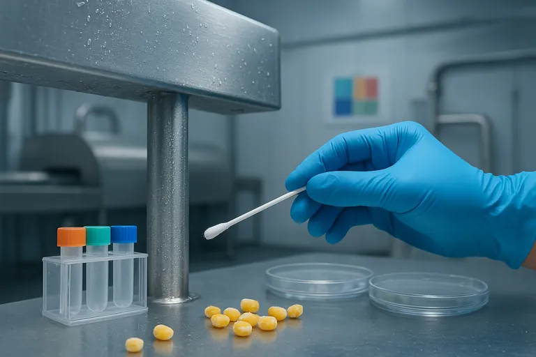 Close-up of a gloved technician swabbing the underside of a stainless-steel conveyor support in a chilled IQF room, with sample tubes and petri dishes nearby and a blurred color-coded zone diagram in the background.