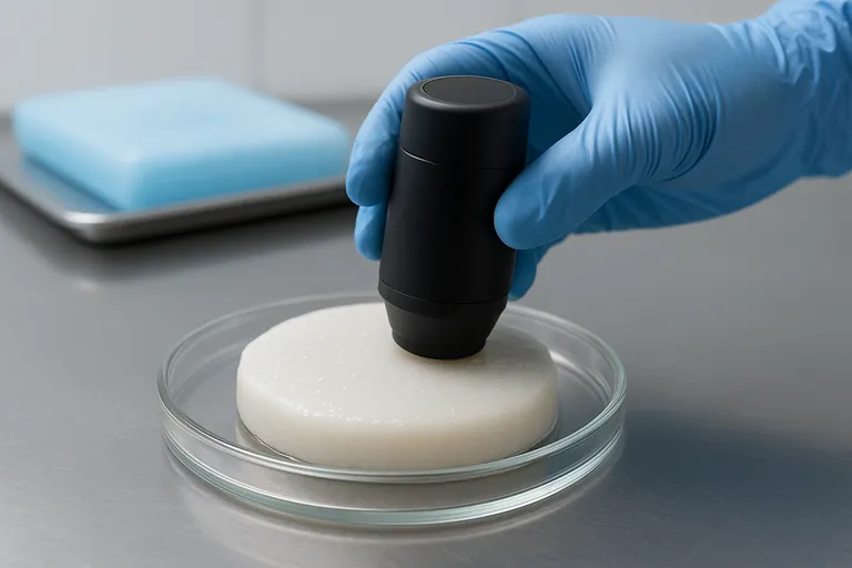 Close-up of a gloved technician using a handheld colorimeter against a smooth disk of thawed white surimi paste on a glass plate under neutral daylight, with condensation and a chilled tray nearby to suggest proper measurement conditions.