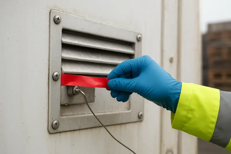 Close-up of a gloved worker sealing a reefer container’s fresh-air vent handle with red tamper tape and a cable seal on the exterior of the unit.