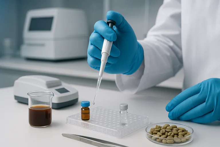 Close-up of a lab technician pipetting a clear extract from ground coffee samples for ochratoxin testing, with green coffee beans, beakers, and color‑capped vials on a clean bench and analytical instruments softly blurred in the background.