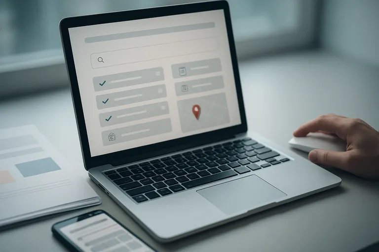 Close-up of a laptop on a desk showing a directory-style search interface with icons for checking details and a small map inset with a location pin; a hand on a mouse suggests active verification.