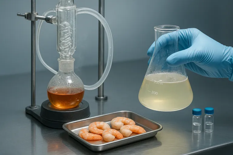 Close-up of a Monier–Williams distillation and titration setup analyzing shrimp samples for residual SO2 in a clean seafood lab.