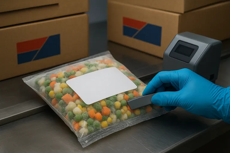 Close-up of a plain white pillow bag filled with frozen mixed vegetables, with a large blank white panel being smoothed onto the front by a gloved hand; printed cartons sit in the background and a small inkjet coder is positioned near a clear code zone.
