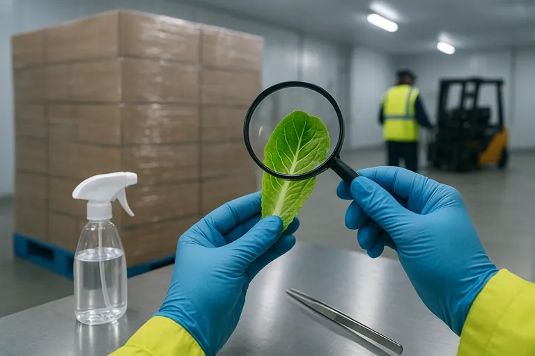 क्वारंटीन अधिकारी के दस्ताने पहने हाथ की क्लोज‑अप तस्वीर जो बेबी रोमेइन पत्ती की माइक्रोस्कोपिक जाँच कर रहे हैं—स्टेनलेस टेबल पर, shrink‑wrapped सादे ब्राउन कार्टनों के पैलेट और पीछे नरम ढंग से धुंधला फोर्कलिफ्ट दिखाई दे रहा है, ठंडी रोशनी वाले कार्गो रूम में.