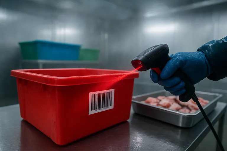 Close-up of a red rework bin being scanned with a handheld barcode scanner on a seafood processing floor, with blue and green totes blurred in the background.