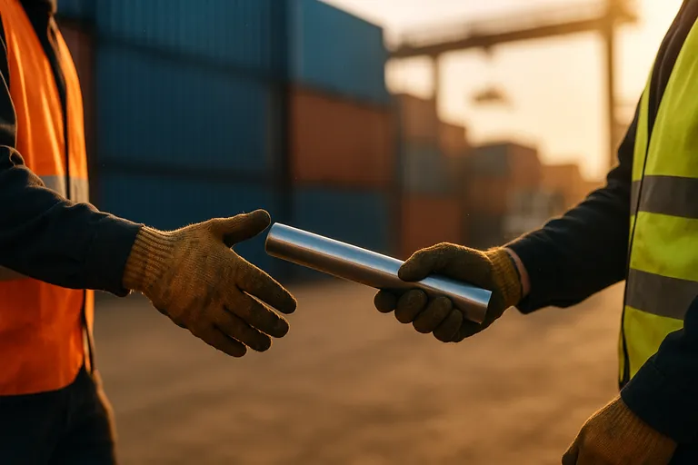 Close-up of a relay-style handoff between two workers in a container yard, passing a baton with stacked containers and a crane in the background, symbolizing the destination delivery order handover.