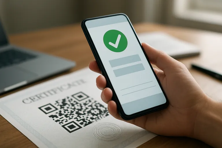 Крупный план смартфона, сканирующего QR-код на распечатанном сертификате предприятия, с интерфейсом проверки и видимым зелёным значком подтверждения на экране телефона.