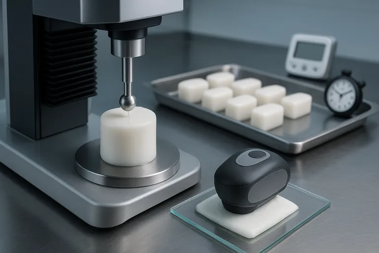 Close-up of a spherical probe puncturing a cylindrical surimi gel on a benchtop texture analyzer, with multiple identical gel columns on a tray, a handheld colorimeter touching a flat white paste sample, and stainless lab tools on a clean bench.