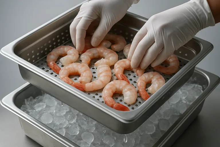 صورة مقربة لإعداد اختبار تقطر الذوبان: جمبري نيء منتشر بطبقة واحدة في صينية ستانلس ستيل مثقوبة موضوعة داخل صينية أعمق مملوءة بالثلج، مع أيدٍ مرتدية قفازات ترتب الجمبري وقطرات مرئية تتصّرف في الثلج أدناه.