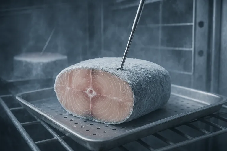 Tampilan dekat dari loin ikan tebal di atas nampan dengan sonda suhu logam ditempatkan tepat di pusat geometris, ditempatkan pada rak atas depan dari rak blast freezer, dengan potongan sondasi lain di belakangnya untuk menggambarkan penempatan kasus terburuk.