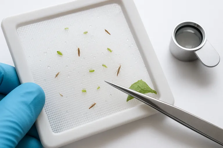 Close-up of a white nylon thrip cloth on a lightbox with water droplets and tiny aphids and thrips visible, a gloved hand steadies the frame while tweezers and a small loupe sit nearby.
