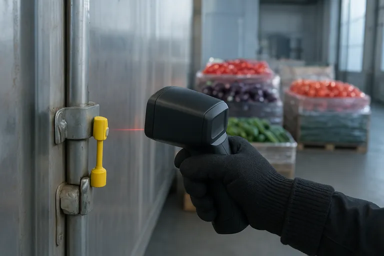 Close-up of a worker scanning the metal bolt seal on a refrigerated container door during inspection, with wrapped pallets of mixed vegetables nearby in a cargo bay.