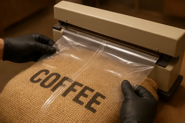 Close-up of a worker using an impulse sealer to create a clean double heat seal on a clear plastic liner inside a jute coffee bag; two glossy parallel seams are clearly visible and the bag mouth is held flat and clean.