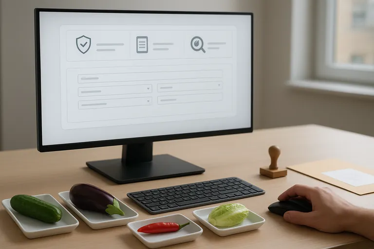 Close-up of a workstation where a person reviews a commodity search dashboard with tabbed sections, next to sample trays of cucumber, eggplant, red chili, and baby romaine, plus a stamped certificate folder and a rubber stamp.