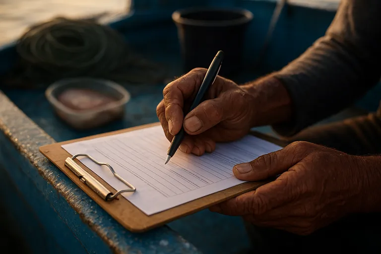 Close-up of an Indonesian skipper on a small wooden handline boat signing a captain’s declaration on a clipboard, with coiled fishing line and a tub of iced tuna on the deck.