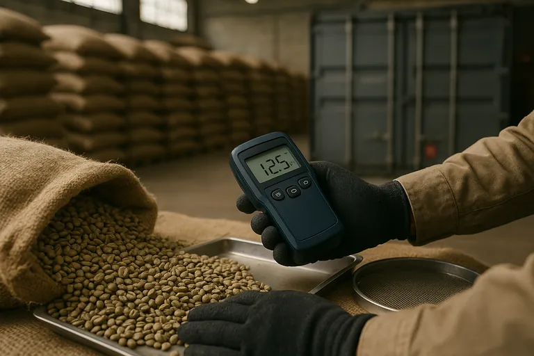 Close-up of an inspector measuring moisture of green coffee beans in a warehouse, with sieve screens and a sealed shipping container in the background.