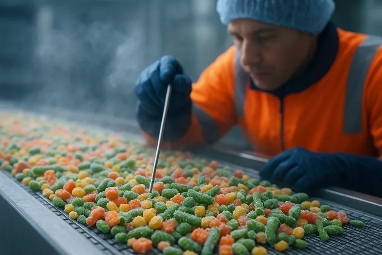 Close-up of an IQF freezer line where frost-coated mixed vegetables move along a stainless-steel conveyor as a technician in PPE checks a sample with a metal probe, cold vapor hanging in the air.