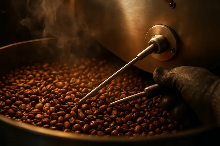 Gros plan de grains en train de tourner à l'intérieur d'un torréfacteur à tambour avec une sonde en acier insérée pendant qu'un opérateur ganté ajuste un levier de flux d'air