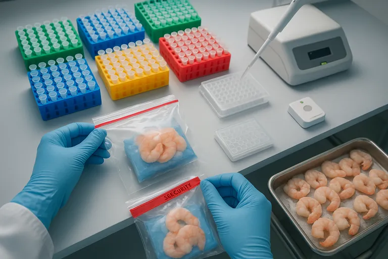 Close-up of chain-of-custody setup: gloved hands sealing tamper-evident bags of prawn samples beside color-coded pooled sample tubes and a PCR plate on a lab bench, highlighting the sampling and custody process.