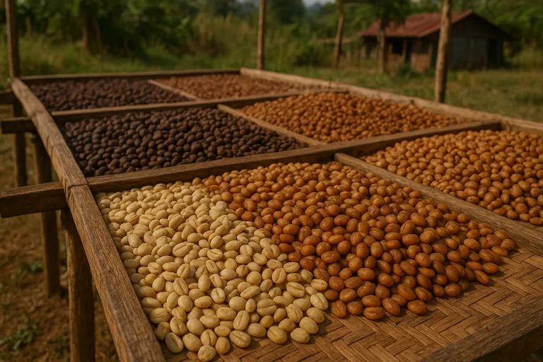 Close-up of coffee beans in various processing stages including washed, honey, natural and wet-hulled laid out on drying beds under sunlight
