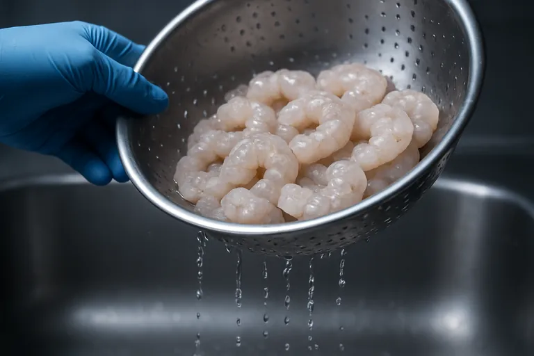 Close-up of deglazed shrimp draining in a tilted colander at roughly 45 degrees over a stainless sink, held by a gloved hand with cold water dripping away.
