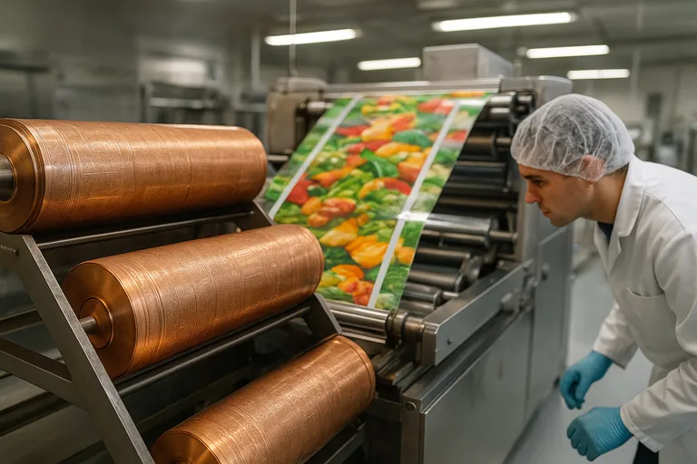 Close-up of flexible packaging film for frozen vegetables running through a pouching machine, with copper gravure cylinders nearby and an operator in clean attire inspecting the film under bright lights.