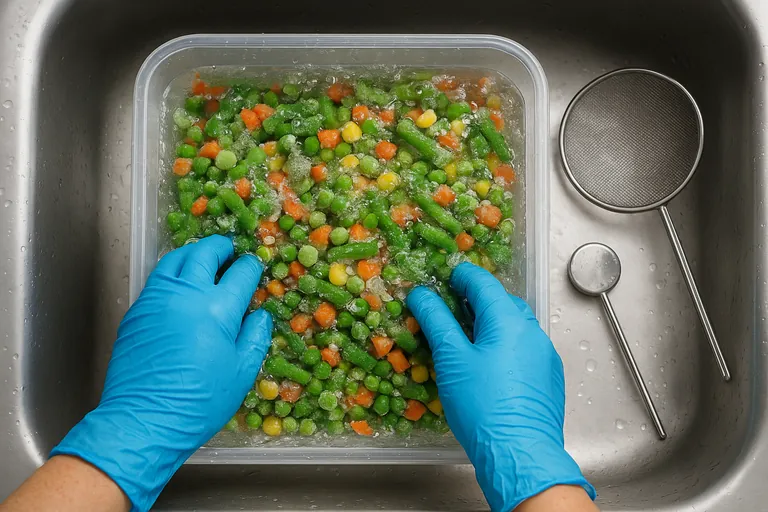 Close-up of frozen mixed vegetables being gently agitated in cool water to melt only the surface glaze, with ice shards floating and a sieve ready nearby.