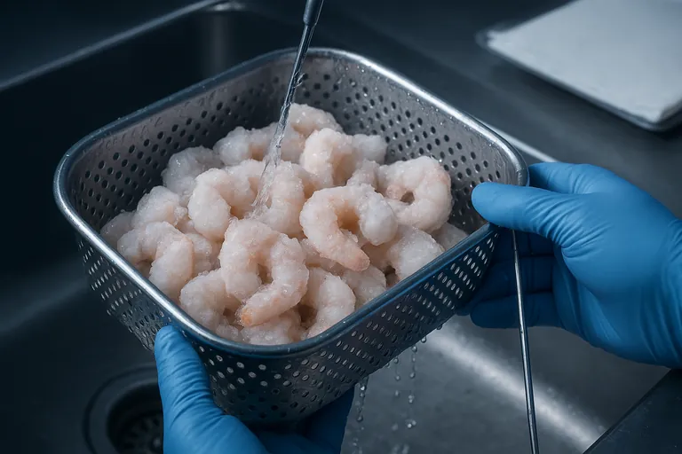 Close-up of frozen shrimp in a mesh basket under a gentle stream of water as the surface ice melts, held by blue-gloved hands with a thermometer probe nearby.