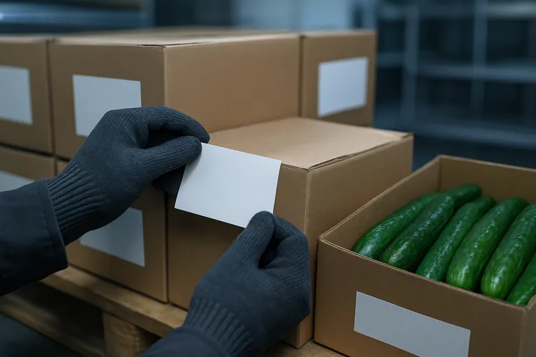 Close-up of gloved hands applying a large white label to a clean vegetable carton on a pallet; open carton nearby shows fresh cucumbers; background shows a tidy, well-lit cold warehouse.