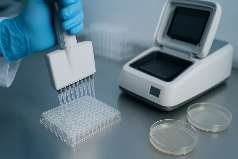 Close-up of gloved hands loading a multiwell microplate next to an open thermal cycler, with microtubes and petri dishes nearby, conveying rapid PCR screening alongside culture work.