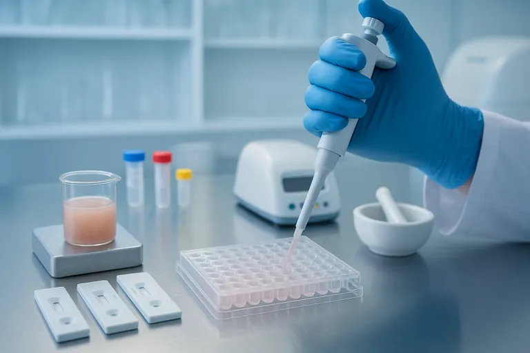 Close-up of gloved hands pipetting fish extract into a microplate for histamine testing on a clean stainless lab bench, with lateral-flow cassettes, small reader device, and sample tubes nearby.
