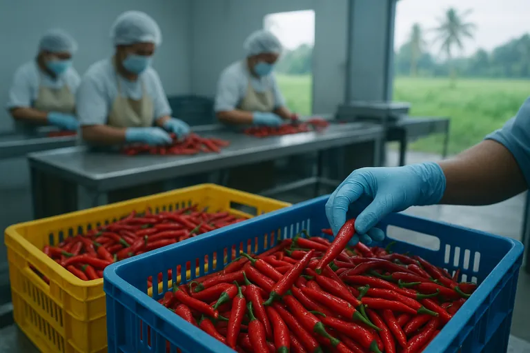 Close-up of gloved hands placing bright red chillies into ventilated crates inside a cool Indonesian packing room, with workers sorting in the background and green fields visible through an open doorway.