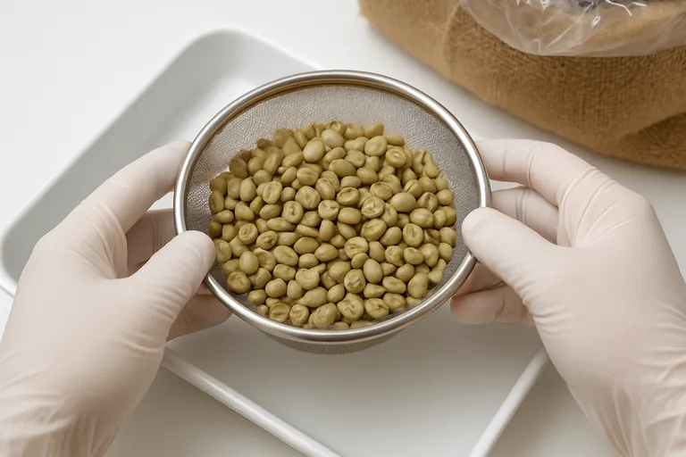 Close-up of gloved hands sieving green coffee beans to demonstrate clean, husk-free beans, with a jute bag and plastic liner visible at the edge.