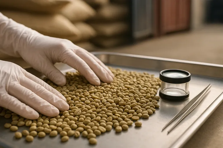 Close-up of gloved hands sorting green coffee beans on a stainless tray with a magnifying glass during a phytosanitary inspection.