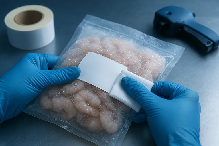 Close-up of gloved hands stress-testing a label on a frosty shrimp pouch—one hand presses a blank sticker onto the cold surface while the other wipes condensation with a cloth.